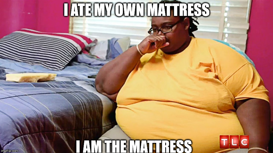 I ATE MY OWN MATTRESS; I AM THE MATTRESS | image tagged in fat,memes,i am what i eat | made w/ Imgflip meme maker