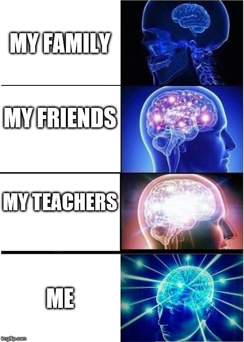 Expanding Brain | MY FAMILY; MY FRIENDS; MY TEACHERS; ME | image tagged in memes,expanding brain | made w/ Imgflip meme maker