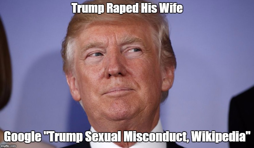 "Trump Raped His Wife" | Trump **ped His Wife Google "Trump Sexual Misconduct, Wikipedia" | image tagged in deplorable donald,despicable donald,dishonorable donald,despotic donald,delusional donald,sexual predator donald | made w/ Imgflip meme maker