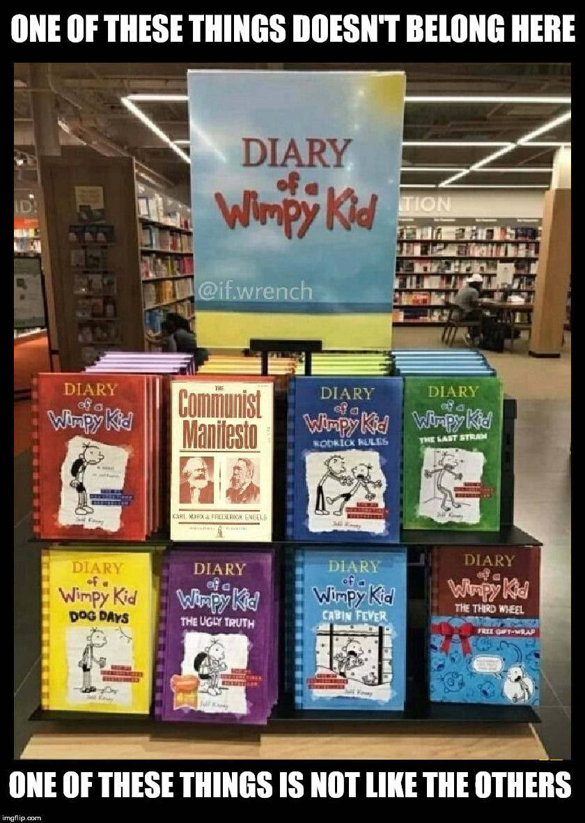Can you guess which one is not like the others? | ONE OF THESE THINGS DOESN'T BELONG HERE; ONE OF THESE THINGS IS NOT LIKE THE OTHERS | image tagged in childrens literature,communist manefesto,diary of a wimpy kid | made w/ Imgflip meme maker