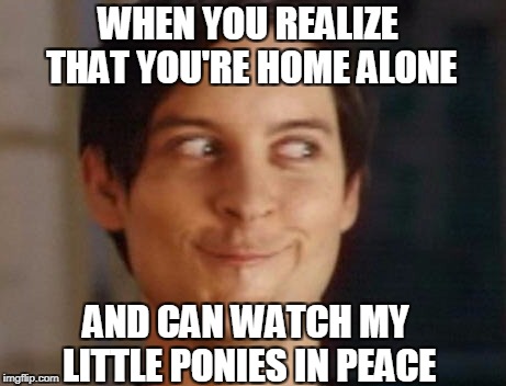 Spiderman Peter Parker | WHEN YOU REALIZE THAT YOU'RE HOME ALONE; AND CAN WATCH MY LITTLE PONIES IN PEACE | image tagged in memes,spiderman peter parker | made w/ Imgflip meme maker