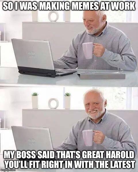 Hide the Pain Harold Meme | SO I WAS MAKING MEMES AT WORK; MY BOSS SAID THAT’S GREAT HAROLD YOU’LL FIT RIGHT IN WITH THE LATEST | image tagged in memes,hide the pain harold | made w/ Imgflip meme maker
