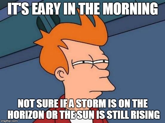 Futurama Fry Meme | IT'S EARY IN THE MORNING; NOT SURE IF A STORM IS ON THE HORIZON OR THE SUN IS STILL RISING | image tagged in memes,futurama fry | made w/ Imgflip meme maker