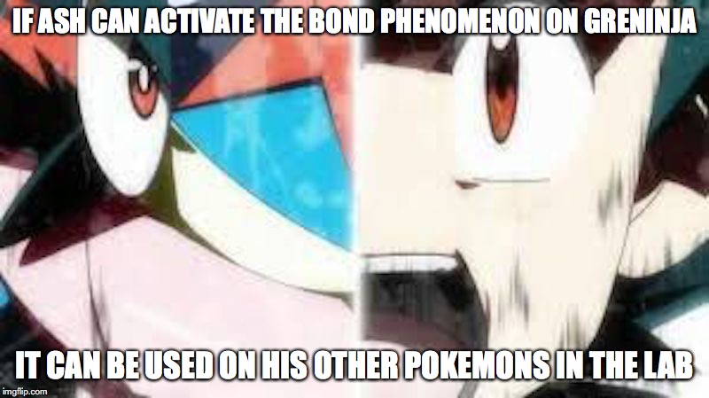Bond Phenomenon | IF ASH CAN ACTIVATE THE BOND PHENOMENON ON GRENINJA; IT CAN BE USED ON HIS OTHER POKEMONS IN THE LAB | image tagged in bond phenomenon,ash ketchum,greninja,pokemon,memes | made w/ Imgflip meme maker