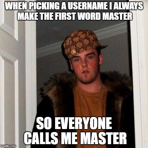 It works! | WHEN PICKING A USERNAME I ALWAYS MAKE THE FIRST WORD MASTER; SO EVERYONE CALLS ME MASTER | image tagged in memes,scumbag steve | made w/ Imgflip meme maker