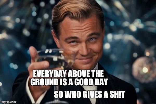 Leonardo Dicaprio Cheers Meme | EVERYDAY ABOVE THE GROUND IS A GOOD DAY SO WHO GIVES A SH!T | image tagged in memes,leonardo dicaprio cheers | made w/ Imgflip meme maker