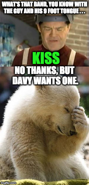 Has anyone seen this episode? It's a 1997 episode called  Hey Hey It's The Monkees | WHAT'S THAT BAND, YOU KNOW WITH THE GUY AND HIS 9 FOOT TONGUE . . . KISS; NO THANKS, BUT DAVY WANTS ONE. | image tagged in the monkees,facepalm,really | made w/ Imgflip meme maker