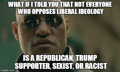 Matrix Morpheus Meme | WHAT IF I TOLD YOU THAT NOT EVERYONE WHO OPPOSES LIBERAL IDEOLOGY; IS A REPUBLICAN, TRUMP SUPPORTER, SEXIST, OR RACIST | image tagged in memes,matrix morpheus | made w/ Imgflip meme maker