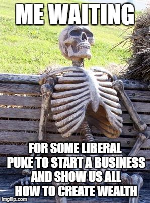 Let's tax the greedy Progressives! | ME WAITING FOR SOME LIBERAL PUKE TO START A BUSINESS AND SHOW US ALL HOW TO CREATE WEALTH | image tagged in memes,waiting skeleton | made w/ Imgflip meme maker