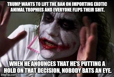 Im the joker | TRUMP WANTS TO LIFT THE BAN ON IMPORTING EXOTIC ANIMAL TROPHIES AND EVERYONE FLIPS THEIR SHIT. WHEN HE ANOUNCES THAT HE'S PUTTING A HOLD ON THAT DECISION, NOBODY BATS AN EYE. | image tagged in im the joker | made w/ Imgflip meme maker