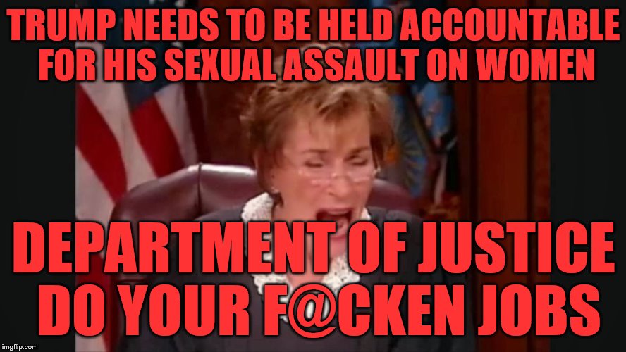 Facebook court | TRUMP NEEDS TO BE HELD ACCOUNTABLE FOR HIS SEXUAL ASSAULT ON WOMEN; DEPARTMENT OF JUSTICE DO YOUR F@CKEN JOBS | image tagged in facebook court | made w/ Imgflip meme maker