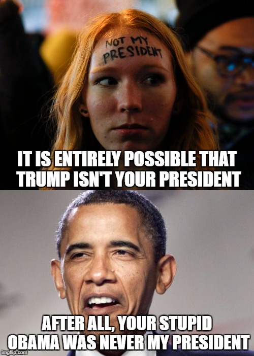 IT IS ENTIRELY POSSIBLE THAT TRUMP ISN'T YOUR PRESIDENT; AFTER ALL, YOUR STUPID OBAMA WAS NEVER MY PRESIDENT | image tagged in memes,libtards,obama,barack obama,not my president,retarded liberal protesters | made w/ Imgflip meme maker