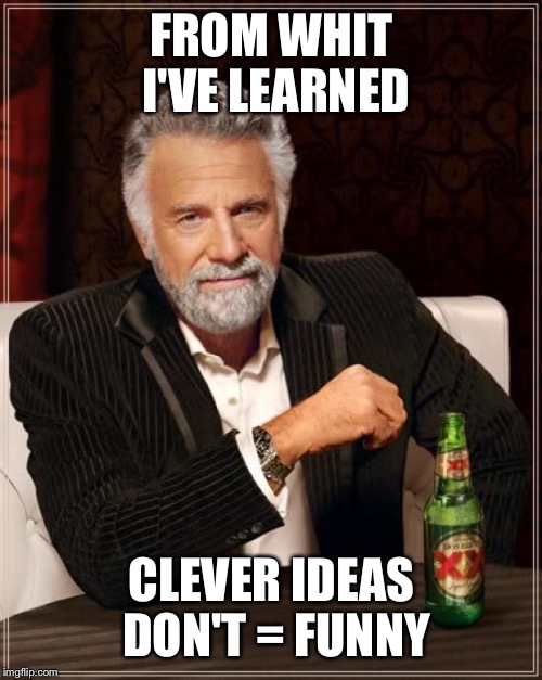 The Most Interesting Man In The World Meme | FROM WHIT I'VE LEARNED CLEVER IDEAS DON'T = FUNNY | image tagged in memes,the most interesting man in the world | made w/ Imgflip meme maker