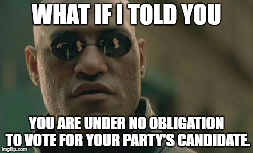 Matrix Morpheus | WHAT IF I TOLD YOU; YOU ARE UNDER NO OBLIGATION TO VOTE FOR YOUR PARTY'S CANDIDATE. | image tagged in memes,matrix morpheus | made w/ Imgflip meme maker