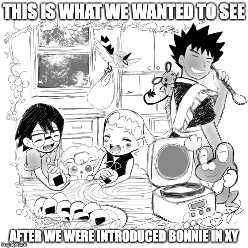 Eating Riceballs | THIS IS WHAT WE WANTED TO SEE; AFTER WE WERE INTRODUCED BONNIE IN XY | image tagged in fourthwheelshipping,riceballs,brock,pokemon,memes | made w/ Imgflip meme maker