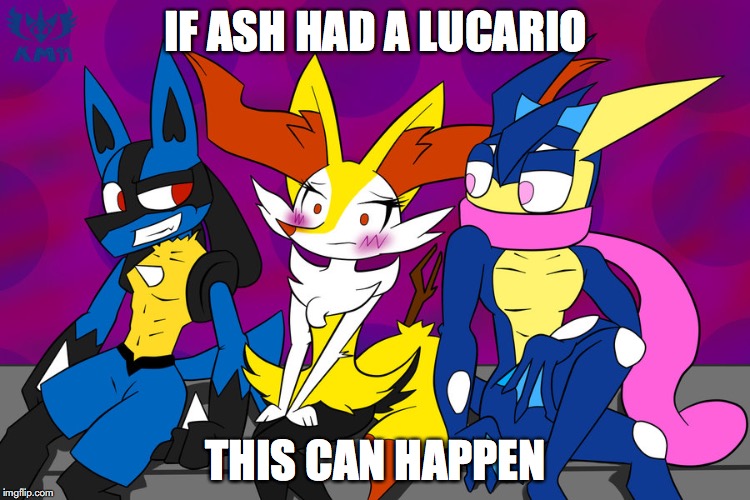 Pokemon Love Triangle | IF ASH HAD A LUCARIO; THIS CAN HAPPEN | image tagged in braixen,greninja,lucario,pokemon,memes | made w/ Imgflip meme maker