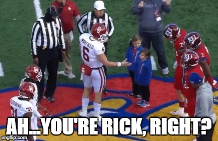 The Walking Dead Kansas Jayhawks | AH...YOU'RE RICK, RIGHT? | image tagged in the walking dead rick grimes,rick grimes | made w/ Imgflip meme maker