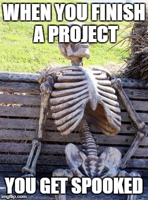 Waiting Skeleton | WHEN YOU FINISH A PROJECT; YOU GET SPOOKED | image tagged in memes,waiting skeleton | made w/ Imgflip meme maker