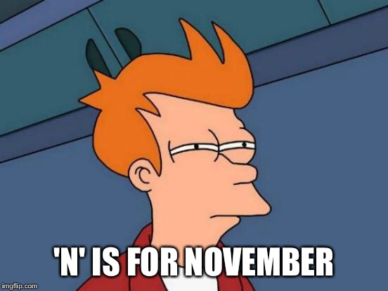 Futurama Fry Meme | 'N' IS FOR NOVEMBER | image tagged in memes,futurama fry | made w/ Imgflip meme maker
