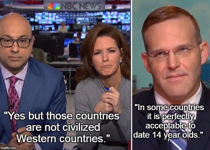 What the news anchors should have said to Roy Moore's attorney, but political correctness... | "In some countries it is perfectly acceptable to date 14 year olds."; "Yes but those countries are not civilized Western countries." | image tagged in roy moore,pedo,pervert,lawyer,political correctness | made w/ Imgflip meme maker