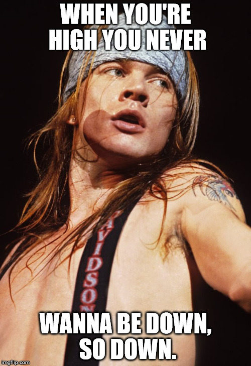Axl Rose | WHEN YOU'RE HIGH YOU NEVER; WANNA BE DOWN, SO DOWN. | image tagged in axl rose | made w/ Imgflip meme maker