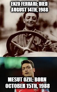 Coincidence much? They look exactly alike. | ENZO FERRARI: DIED AUGUST 14TH, 1988; MESUT OZIL: BORN OCTOBER 15TH, 1988 | image tagged in enzo ferrari,mesut ozil,look alikes,dopperlgangers,memes | made w/ Imgflip meme maker
