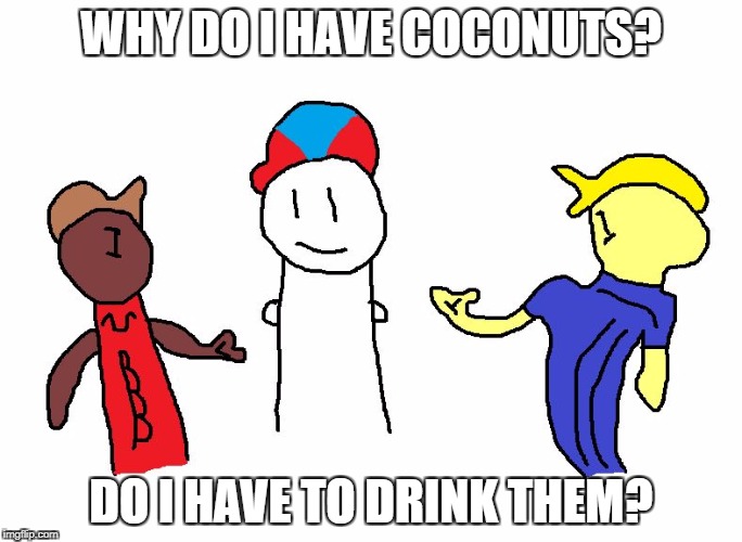 WHY DO I HAVE COCONUTS? DO I HAVE TO DRINK THEM? | image tagged in why boy | made w/ Imgflip meme maker