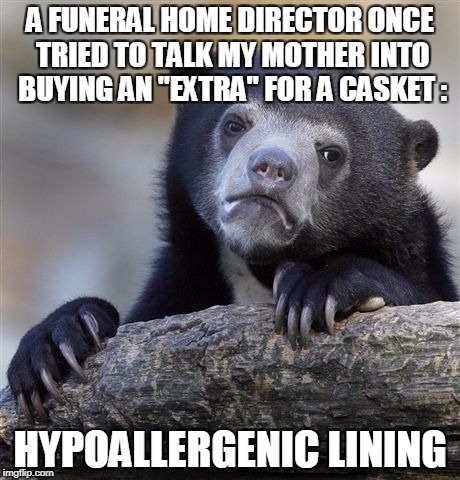 Confession Bear Meme | A FUNERAL HOME DIRECTOR ONCE TRIED TO TALK MY MOTHER INTO BUYING AN "EXTRA" FOR A CASKET : HYPOALLERGENIC LINING | image tagged in memes,confession bear | made w/ Imgflip meme maker