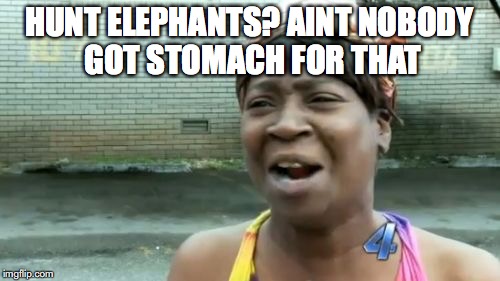 Ain't Nobody Got Time For That Meme | HUNT ELEPHANTS? AINT NOBODY GOT STOMACH FOR THAT | image tagged in memes,aint nobody got time for that | made w/ Imgflip meme maker