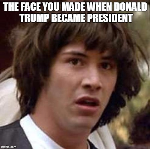 Conspiracy Keanu | THE FACE YOU MADE WHEN DONALD TRUMP BECAME PRESIDENT | image tagged in memes,conspiracy keanu | made w/ Imgflip meme maker