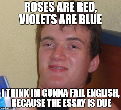 10 Guy Meme | ROSES ARE RED, VIOLETS ARE BLUE; I THINK IM GONNA FAIL ENGLISH, BECAUSE THE ESSAY IS DUE | image tagged in memes,10 guy | made w/ Imgflip meme maker