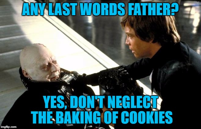 Darth Vader's Last Words | ANY LAST WORDS FATHER? YES, DON'T NEGLECT THE BAKING OF COOKIES | image tagged in darth vader's last words | made w/ Imgflip meme maker