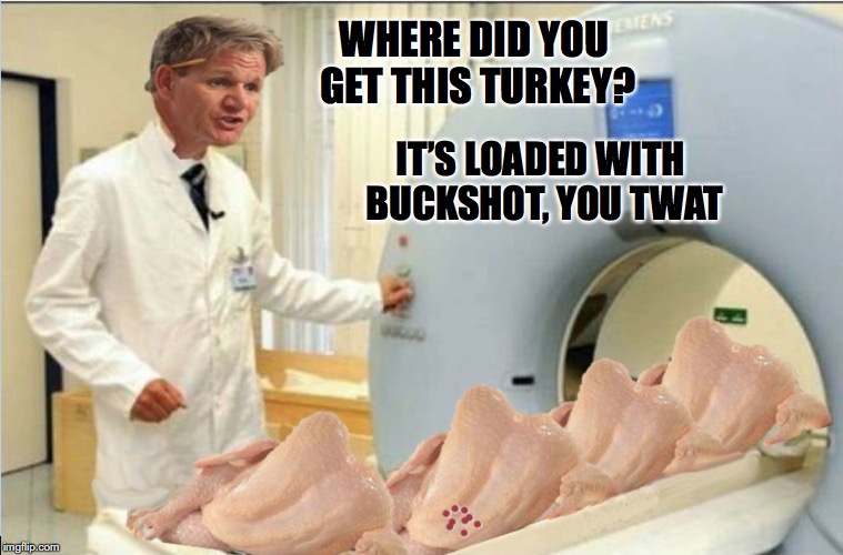 New Stuffing | WHERE DID YOU GET THIS TURKEY? IT’S LOADED WITH BUCKSHOT, YOU TWAT | image tagged in angry chef gordon ramsay,thanksgiving,turkey | made w/ Imgflip meme maker
