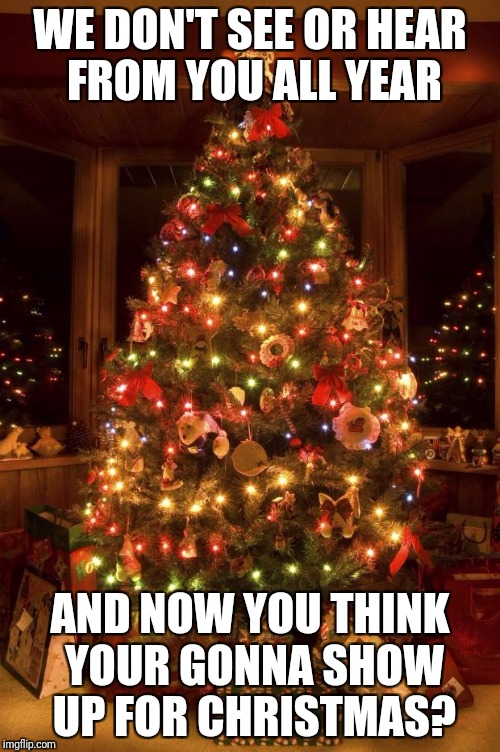 Christmas Tree | WE DON'T SEE OR HEAR FROM YOU ALL YEAR; AND NOW YOU THINK YOUR GONNA SHOW UP FOR CHRISTMAS? | image tagged in christmas tree | made w/ Imgflip meme maker