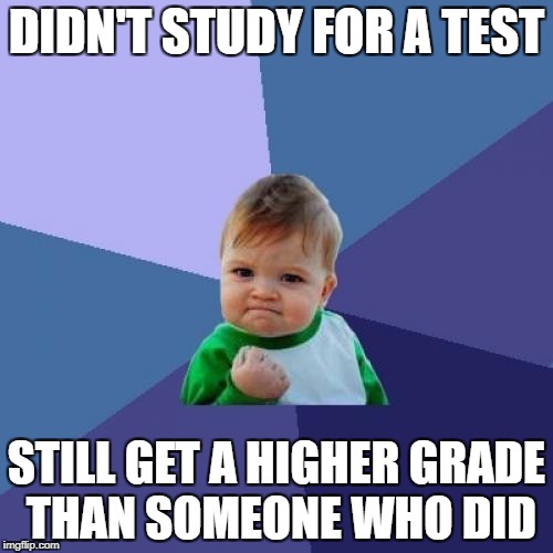 Success Kid Meme | DIDN'T STUDY FOR A TEST; STILL GET A HIGHER GRADE THAN SOMEONE WHO DID | image tagged in memes,success kid | made w/ Imgflip meme maker
