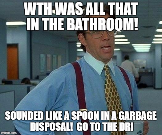 That Would Be Great Meme | WTH WAS ALL THAT IN THE BATHROOM! SOUNDED LIKE A SPOON IN A GARBAGE DISPOSAL!  GO TO THE DR! | image tagged in memes,that would be great | made w/ Imgflip meme maker