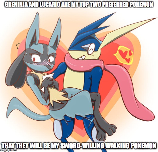 Greninja and Lucario | GRENINJA AND LUCARIO ARE MY TOP TWO PREFERRED POKEMON; THAT THEY WILL BE MY SWORD-WILLING WALKING POKEMON | image tagged in greninja,lucario,memes,pokemon | made w/ Imgflip meme maker