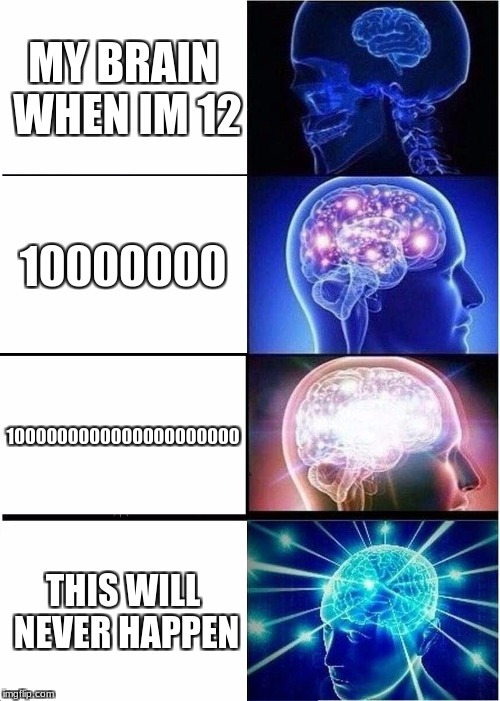 Expanding Brain | MY BRAIN WHEN IM 12; 10000000; 1000000000000000000000; THIS WILL NEVER HAPPEN | image tagged in memes,expanding brain | made w/ Imgflip meme maker