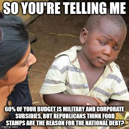 SO YOU'RE TELLING ME 60% OF YOUR BUDGET IS MILITARY AND CORPORATE SUBSIDIES, BUT REPUBLICANS THINK FOOD STAMPS ARE THE REASON FOR THE NATION | image tagged in memes,third world skeptical kid | made w/ Imgflip meme maker