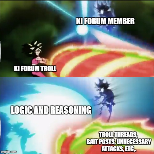 Goku vs Kefla | KI FORUM MEMBER; KI FORUM TROLL; LOGIC AND REASONING; TROLL THREADS, BAIT POSTS, UNNECESSARY ATTACKS, ETC,. | image tagged in goku vs kefla | made w/ Imgflip meme maker