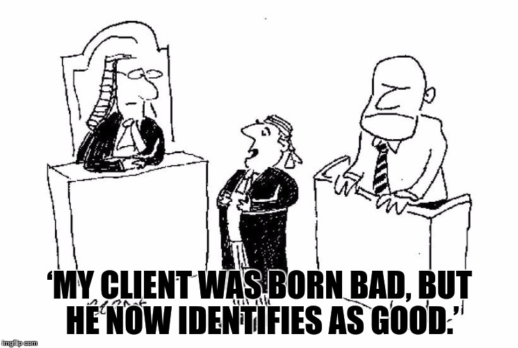 ‘MY CLIENT WAS BORN BAD, BUT HE NOW IDENTIFIES AS GOOD.’ | image tagged in born bad | made w/ Imgflip meme maker