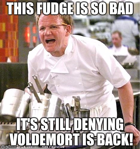 Chef Gordon Ramsay | THIS FUDGE IS SO BAD; IT'S STILL DENYING VOLDEMORT IS BACK! | image tagged in memes,chef gordon ramsay | made w/ Imgflip meme maker