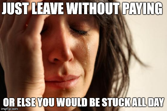 First World Problems Meme | JUST LEAVE WITHOUT PAYING OR ELSE YOU WOULD BE STUCK ALL DAY | image tagged in memes,first world problems | made w/ Imgflip meme maker