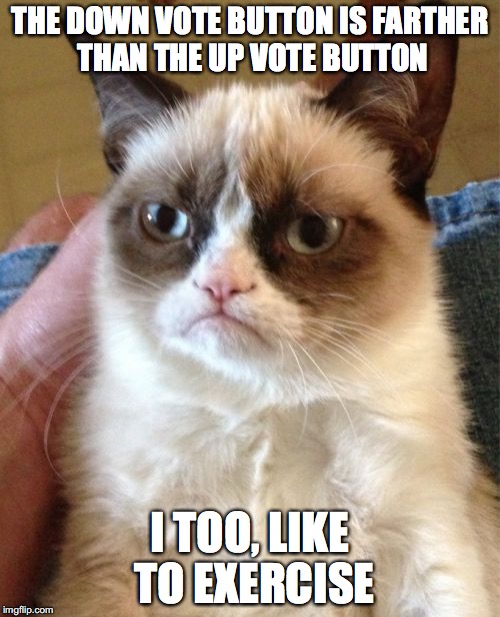 Grumpy Cat | THE DOWN VOTE BUTTON IS FARTHER THAN THE UP VOTE BUTTON; I TOO, LIKE TO EXERCISE | image tagged in memes,grumpy cat | made w/ Imgflip meme maker