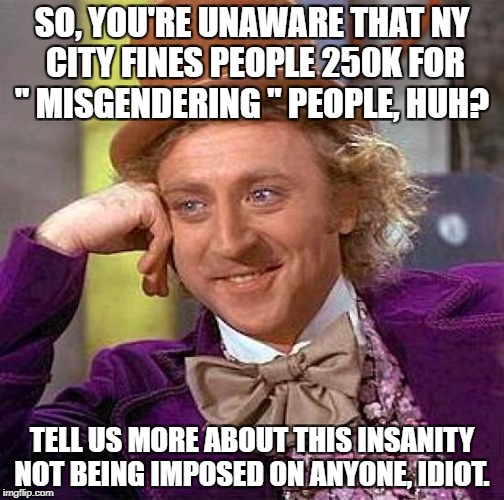 Creepy Condescending Wonka Meme | SO, YOU'RE UNAWARE THAT NY CITY FINES PEOPLE 250K FOR " MISGENDERING " PEOPLE, HUH? TELL US MORE ABOUT THIS INSANITY NOT BEING IMPOSED ON AN | image tagged in memes,creepy condescending wonka | made w/ Imgflip meme maker