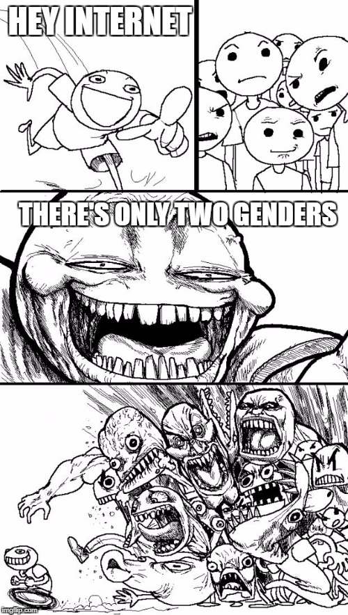 Hey Internet | HEY INTERNET; THERE'S ONLY TWO GENDERS | image tagged in memes,hey internet | made w/ Imgflip meme maker