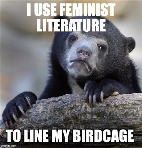 Confession Bear Meme | I USE FEMINIST LITERATURE; TO LINE MY BIRDCAGE | image tagged in memes,confession bear | made w/ Imgflip meme maker