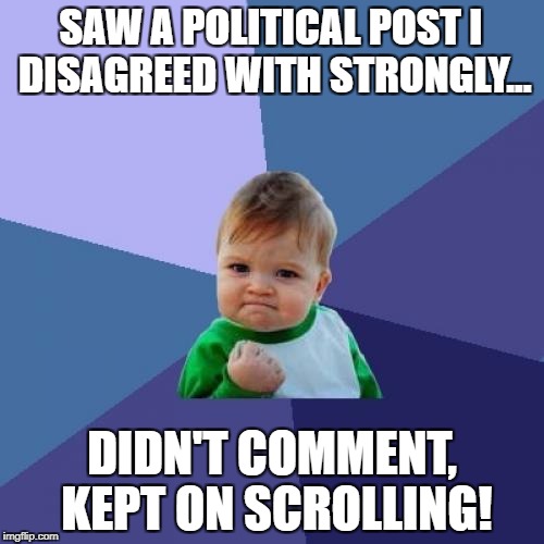 Success Kid Meme | SAW A POLITICAL POST I DISAGREED WITH STRONGLY... DIDN'T COMMENT, KEPT ON SCROLLING! | image tagged in memes,success kid | made w/ Imgflip meme maker