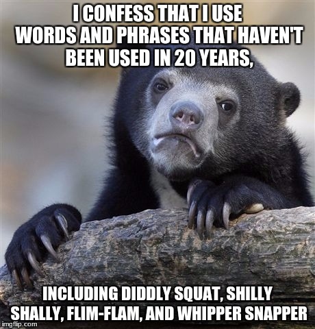 I have the brain of an old man. | I CONFESS THAT I USE WORDS AND PHRASES THAT HAVEN'T BEEN USED IN 20 YEARS, INCLUDING DIDDLY SQUAT, SHILLY SHALLY, FLIM-FLAM, AND WHIPPER SNAPPER | image tagged in memes,confession bear,old man,confession | made w/ Imgflip meme maker