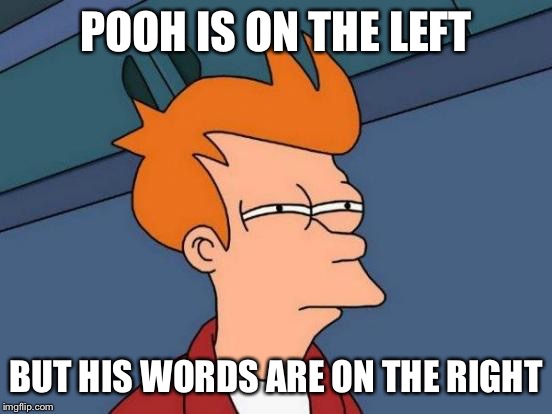 Futurama Fry Meme | POOH IS ON THE LEFT BUT HIS WORDS ARE ON THE RIGHT | image tagged in memes,futurama fry | made w/ Imgflip meme maker